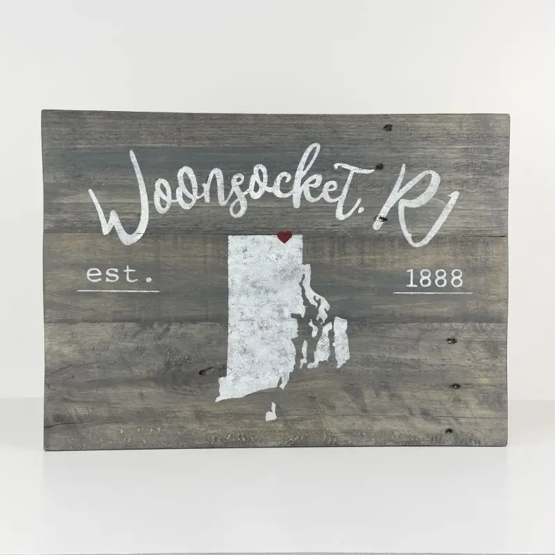 Woonsocket, RI | Town and State Sign | Gray Stain